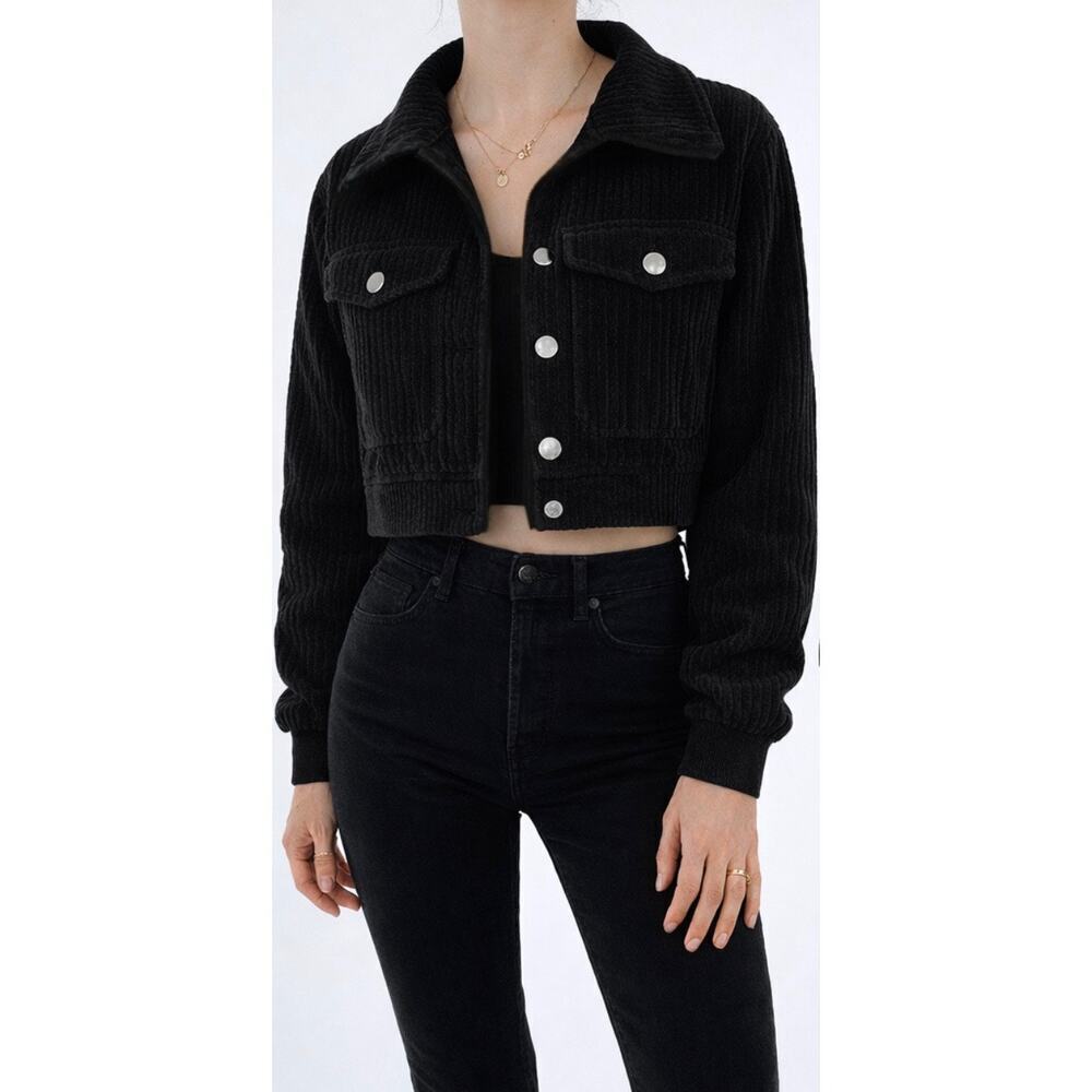 Women’s Cropped Black Corduroy Snap Button Jacket Structured Fit Size Small